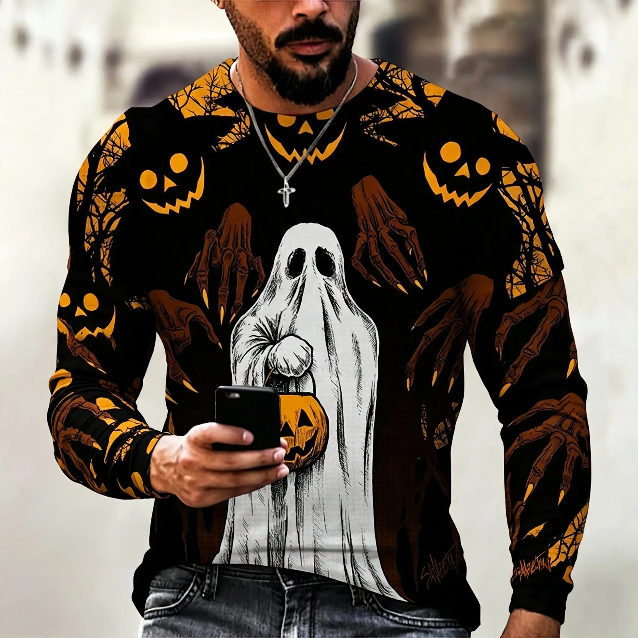 Men Halloween Long Sleeve T‑Shirt 3D Print Grim Reaper Skeleton Ghost Pumpkin Horror Graphic Crew Neck Party Tees