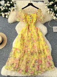 Summer Vintage Women Floral Mesh Midi Dress Elegant Square Collar Short Puff Sleeve High Waist A-Line Vestidos Female Robe New