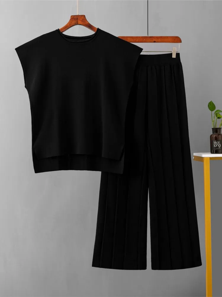 Mode Stricken Set Für Frauen Casual Solide O Hals Ärmellose Tops + Hohe Taille Breite Bein Hosen 2-stück Sets Dame Büro Kleidung Sommer