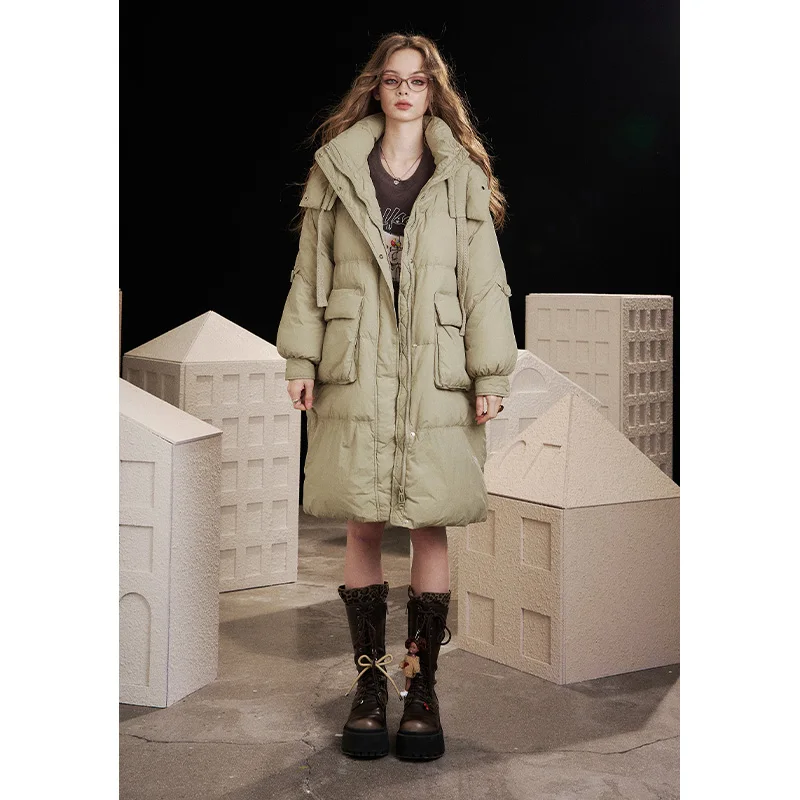 ELFSACK 2025, Winter-Neuheiten, lässig, einfarbig, mit Kapuze, übergroß, langer Daunenmantel für Damen