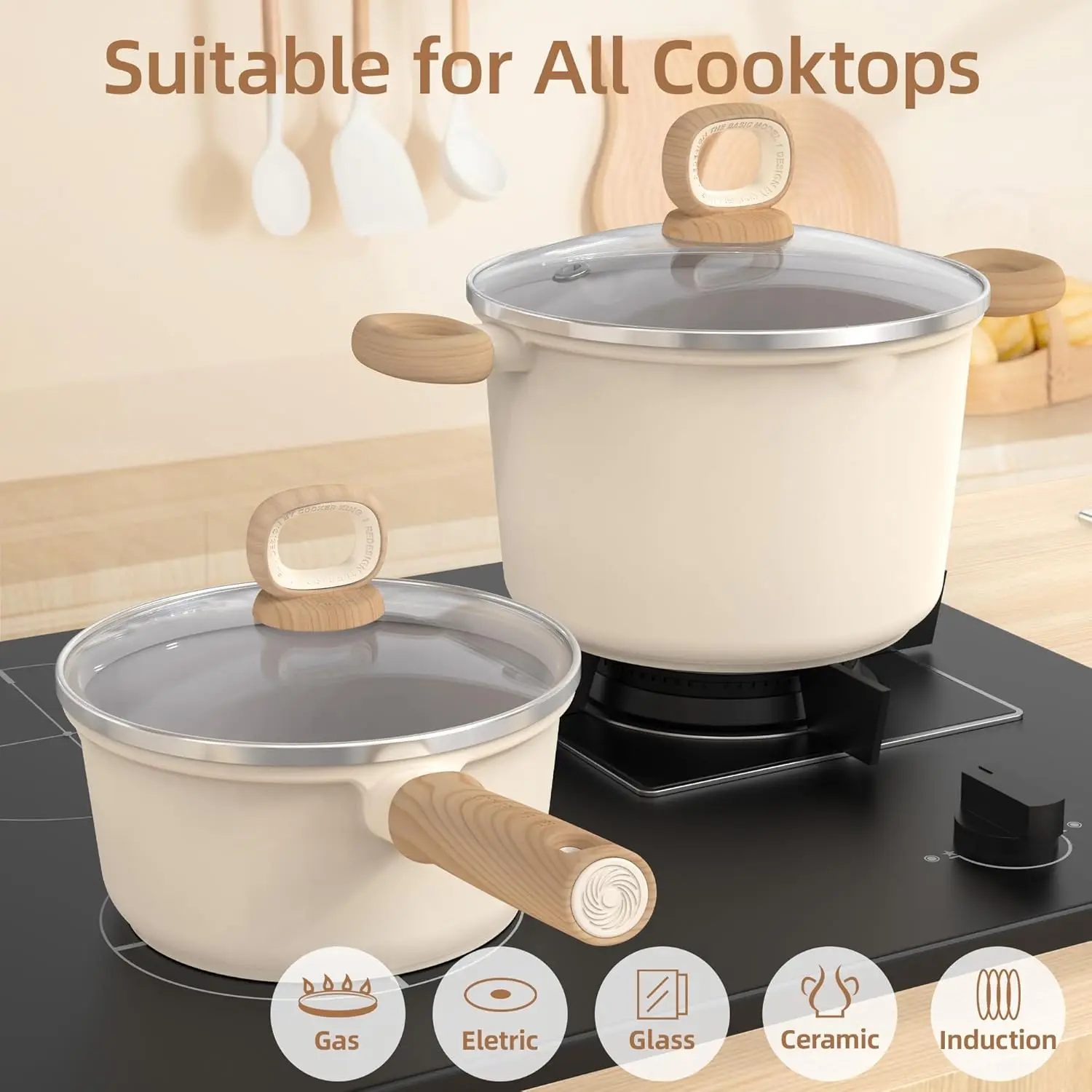 8-Piece Pots and Pans Set Non-stick, Non-toxic Ceramic Cookware Set, Kitchen Cookware Set with Tempered Glass Lids Compatible w