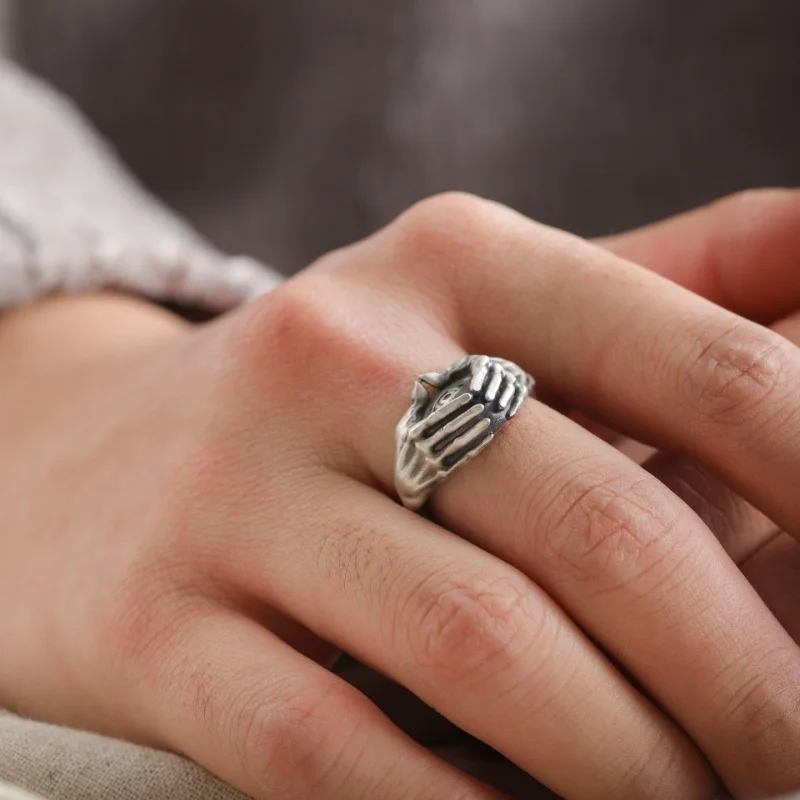 QEENKISS 925 Sterling Silver Vintage Hand Eye Rings for Men Male Birthday Wedding Party Christmas Boyfriend Father Gifts RG7006