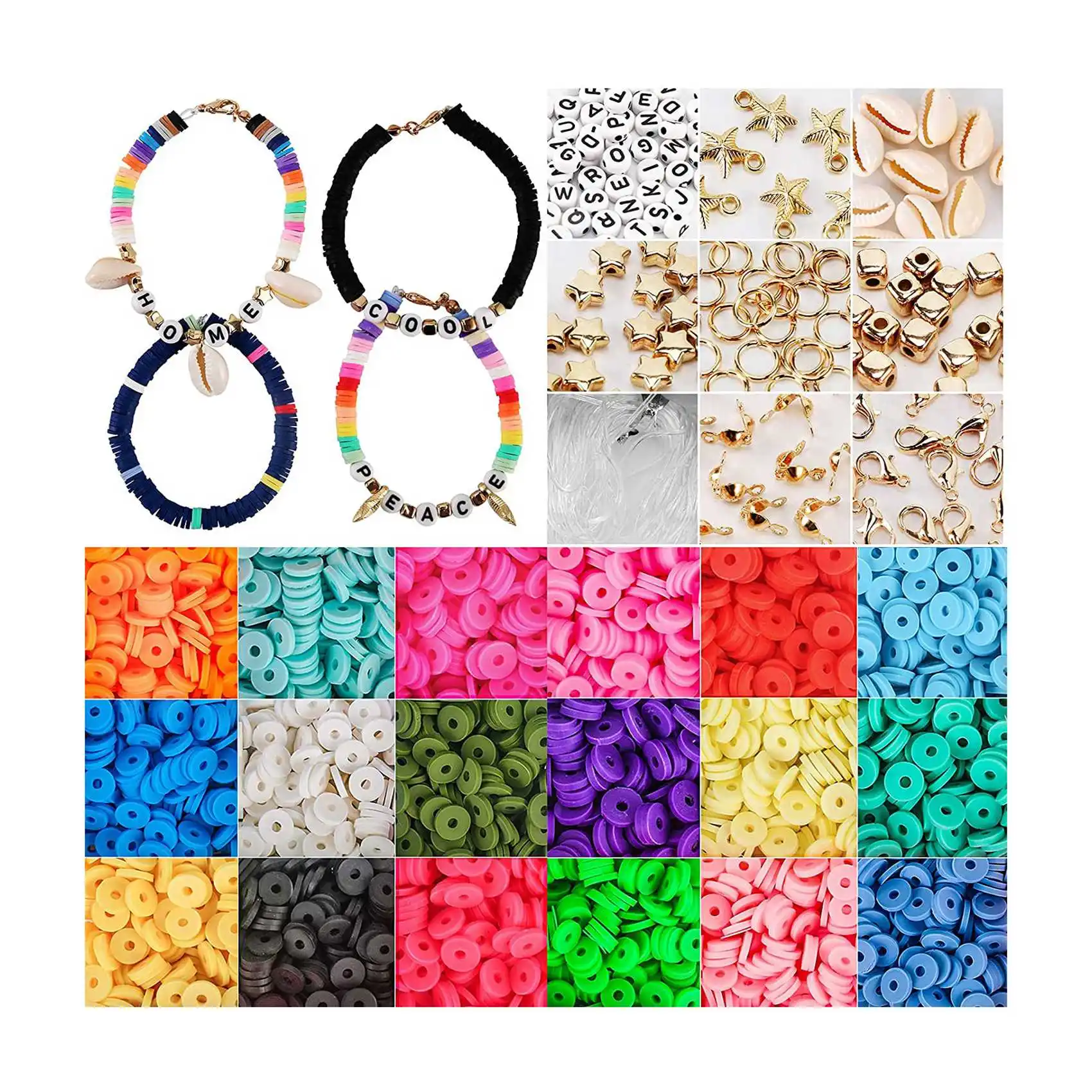 4500Pcs Premium Polymer Clay Spacer Beads, Colorful Spacer Beads with 6mm Round Flat Beads, DIY Kit for Bracelets