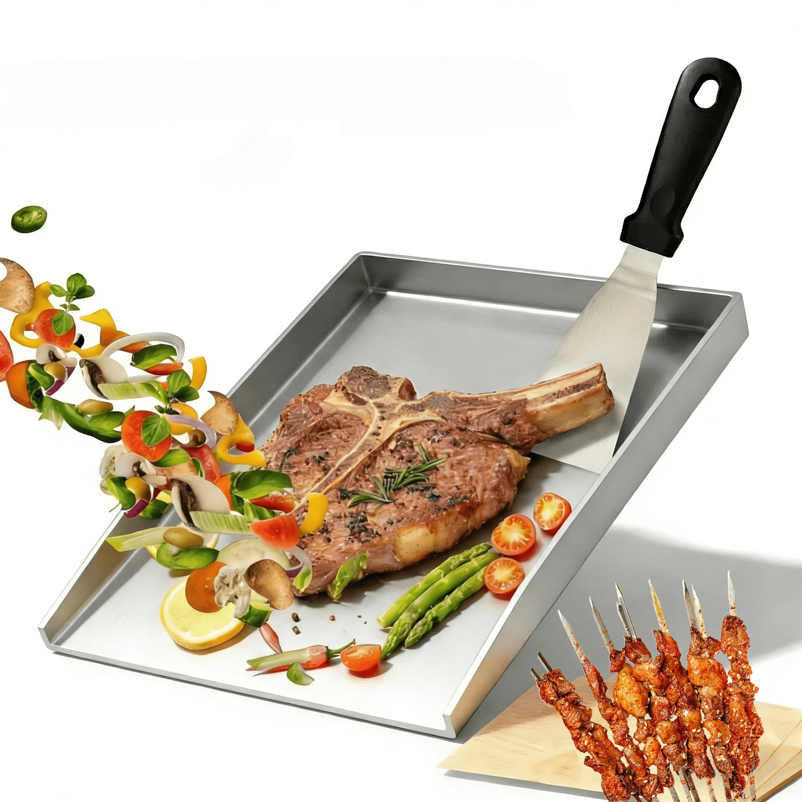 Edelstahl-Grillplatte mit BBQ-Spatel, Outdoor-Grillkochplatte für Steak, Spieße, Gemüse, Party-Küchenzubehör, Backformen