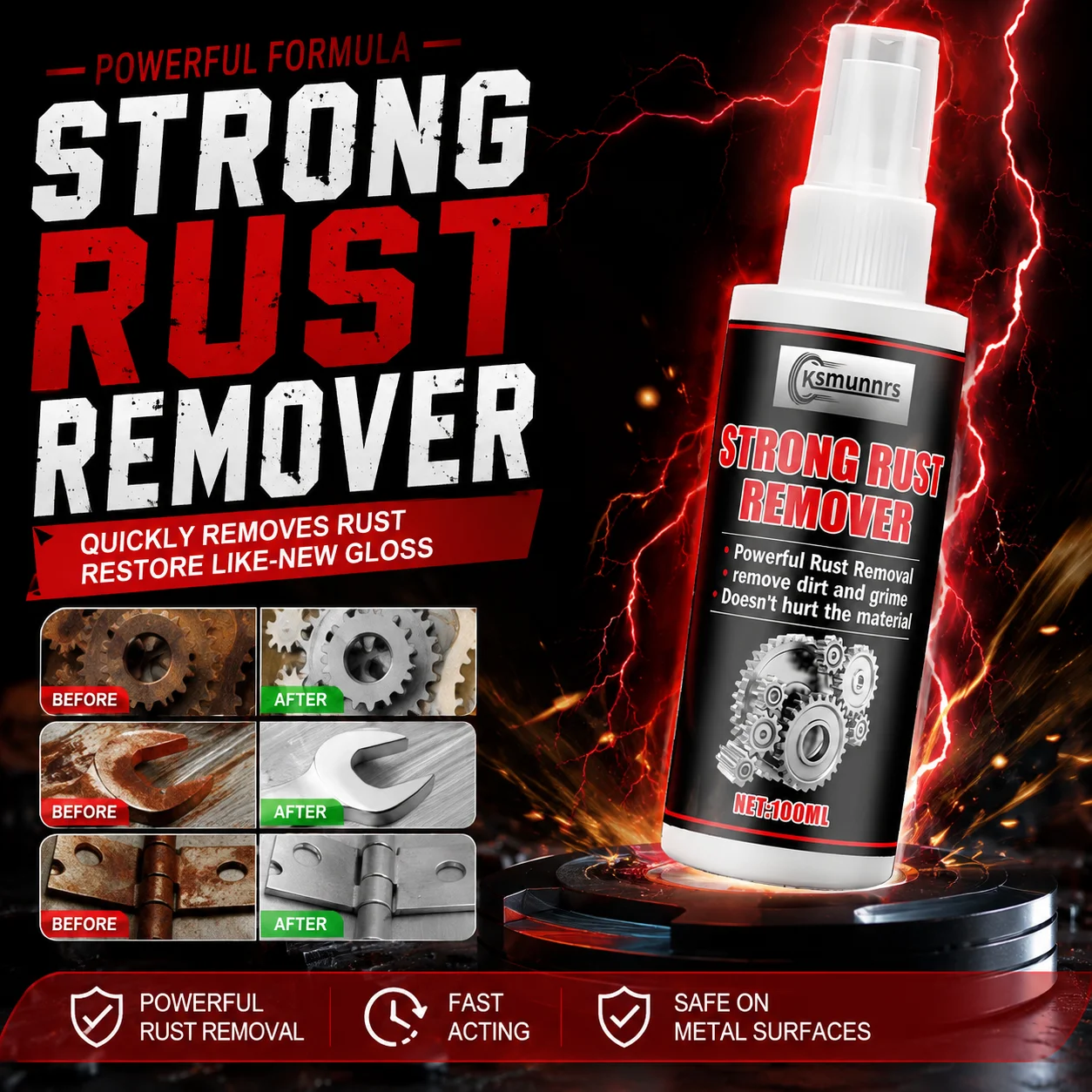 100ml Metal Strong Rust Remover Spray, Powerful Rust Removal, Clean Dirt and Grime, Protect Original Material Well