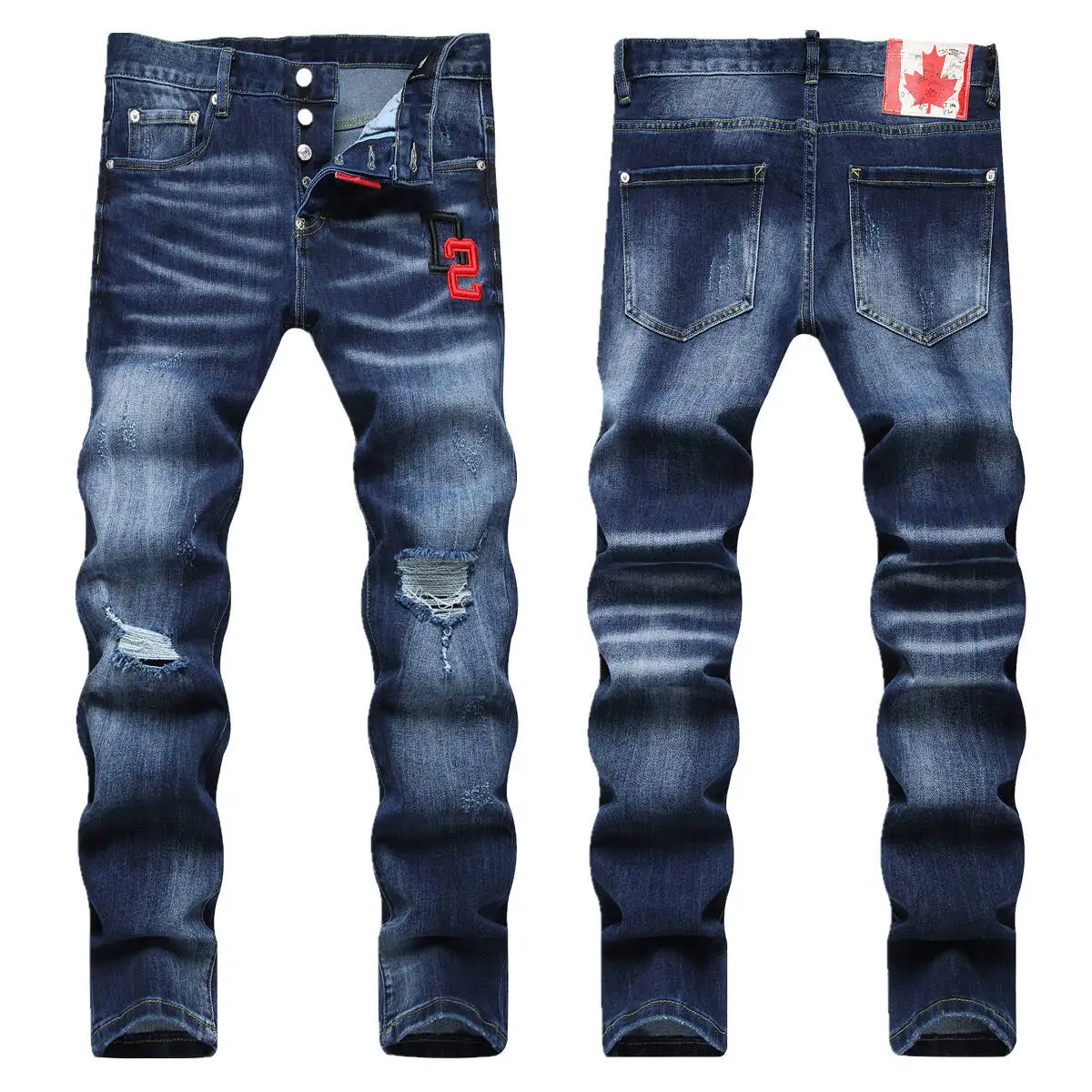 New D2 Trendy Brand Fashion Street Men's Embroidered Perforated Jeans, Daily Slim Fit Small Straight Mid Rise Pants