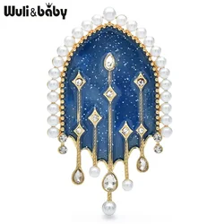 Wuli&baby Big Pearl Shield Brooches For Women Blue Enamel Beautiful Flowers Party Casual Brooch Pins Gifts