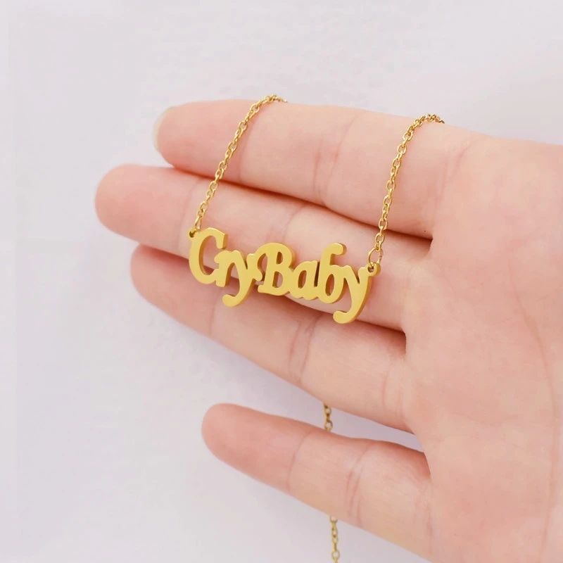 Cute Crybaby Letter Necklace Stainless Steel Gothic Cry Baby Word Cursive English Script Charm Chain Choker for Women Girls Kids