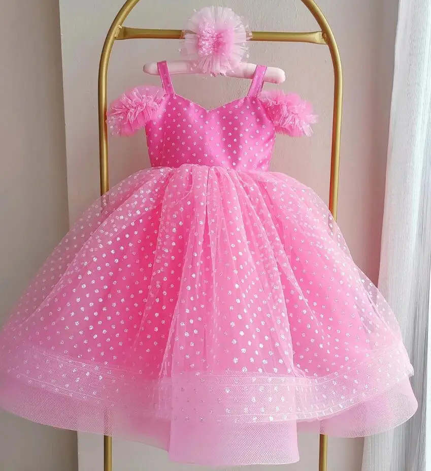 

Puffy Pink Tulle Flower Girl Dress for Wedding Shoulderless Long Length Girls Birthday Dress Zipper Back Child1-14T