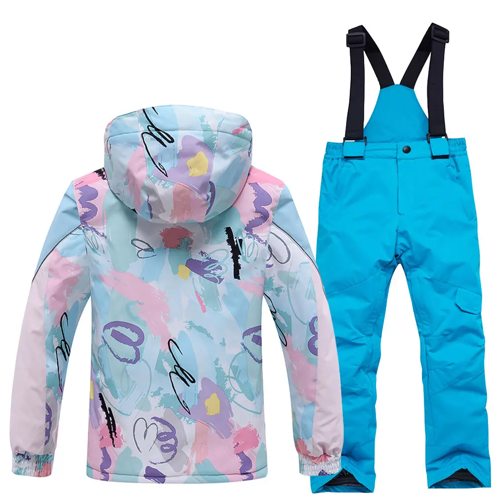 Fashion Printed Skiing Jacket + Bib Pants Children's Snowsuits 2-Piece Boys Girls Hooded Winter Warm Windproof Snowboarding Wear