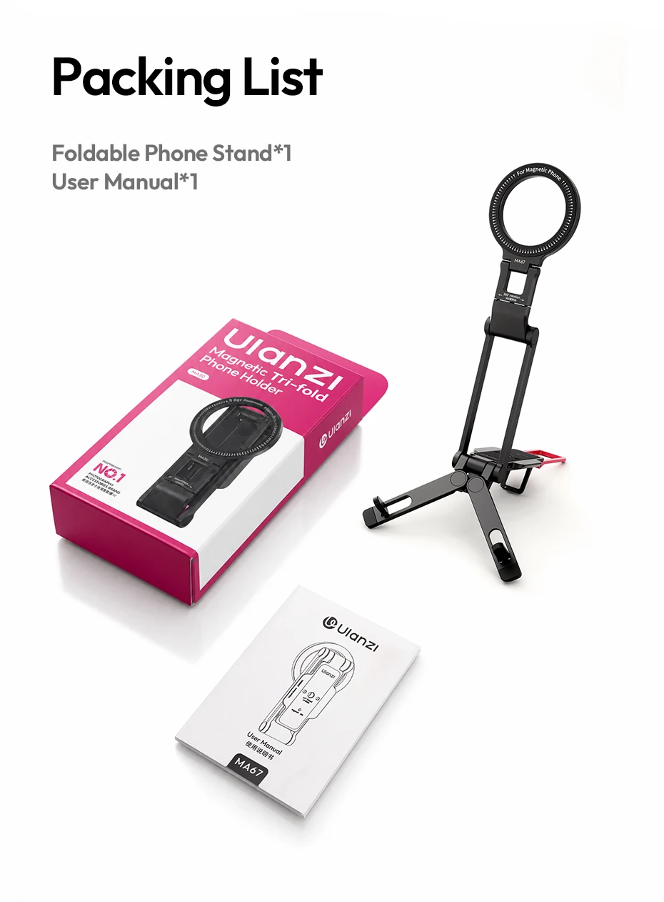 Ulanzi MA67 Overhead-Selfie-Stick mit Griff, magnetischer dreifach faltbarer Handyhalter für iPhone 17, 16, 15, Xiaomi, Huawei, für Vlog-Videos – Detail 13