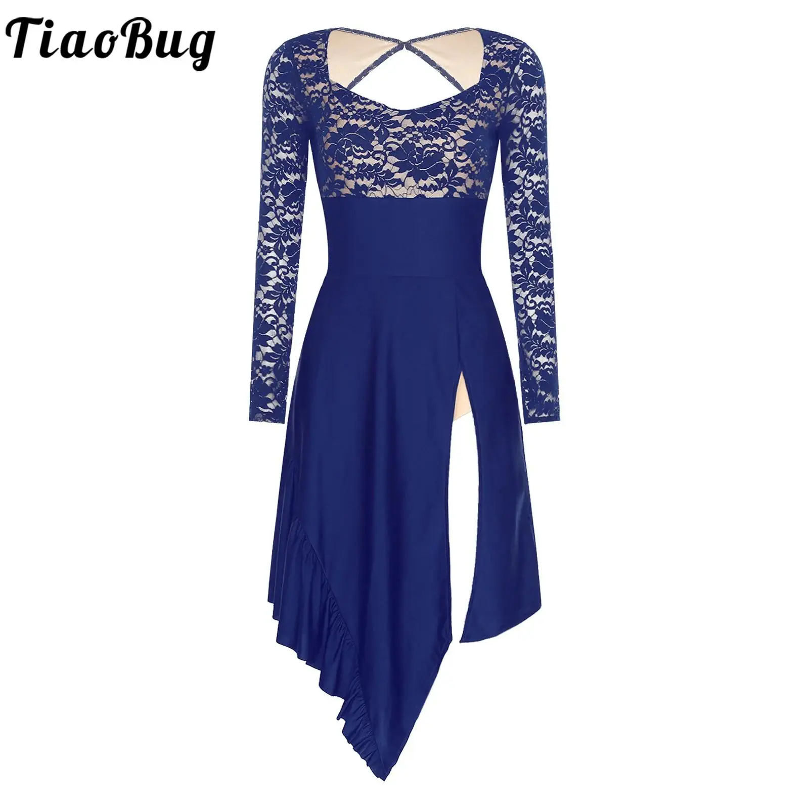 

Women Lyrical Latin Tango Chacha Ballroom Dance Dress for Performance Costume Floral Lace Long Sleeves Samba Rumba Dancing Dress