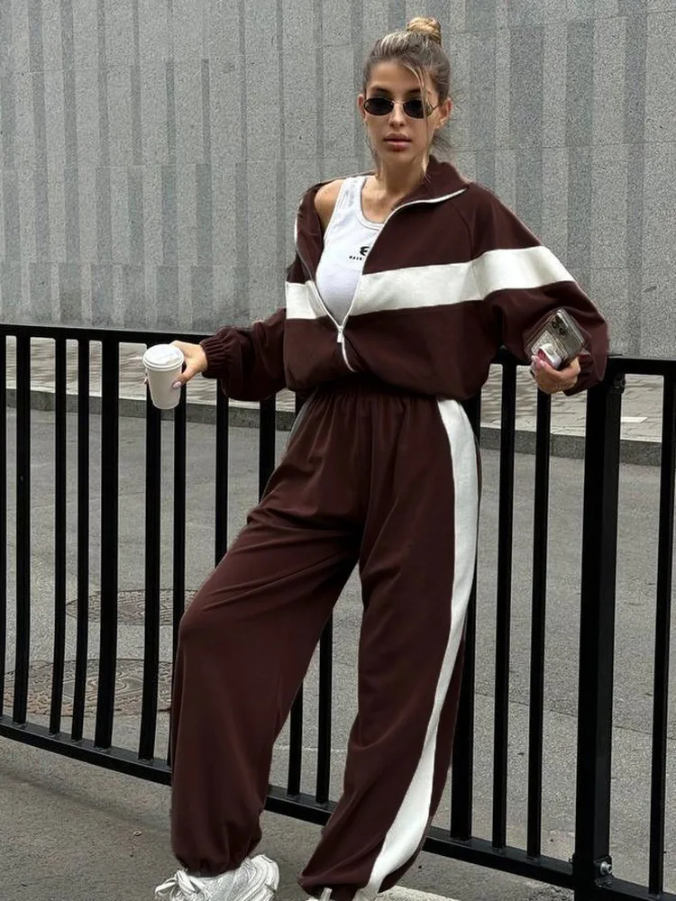 Women Fashion Sport Tracksuit Casual Fleece Zipper Jacket with Patchwork Elastic Waist Sweatpants Autumn Winter 2 Pieces Set