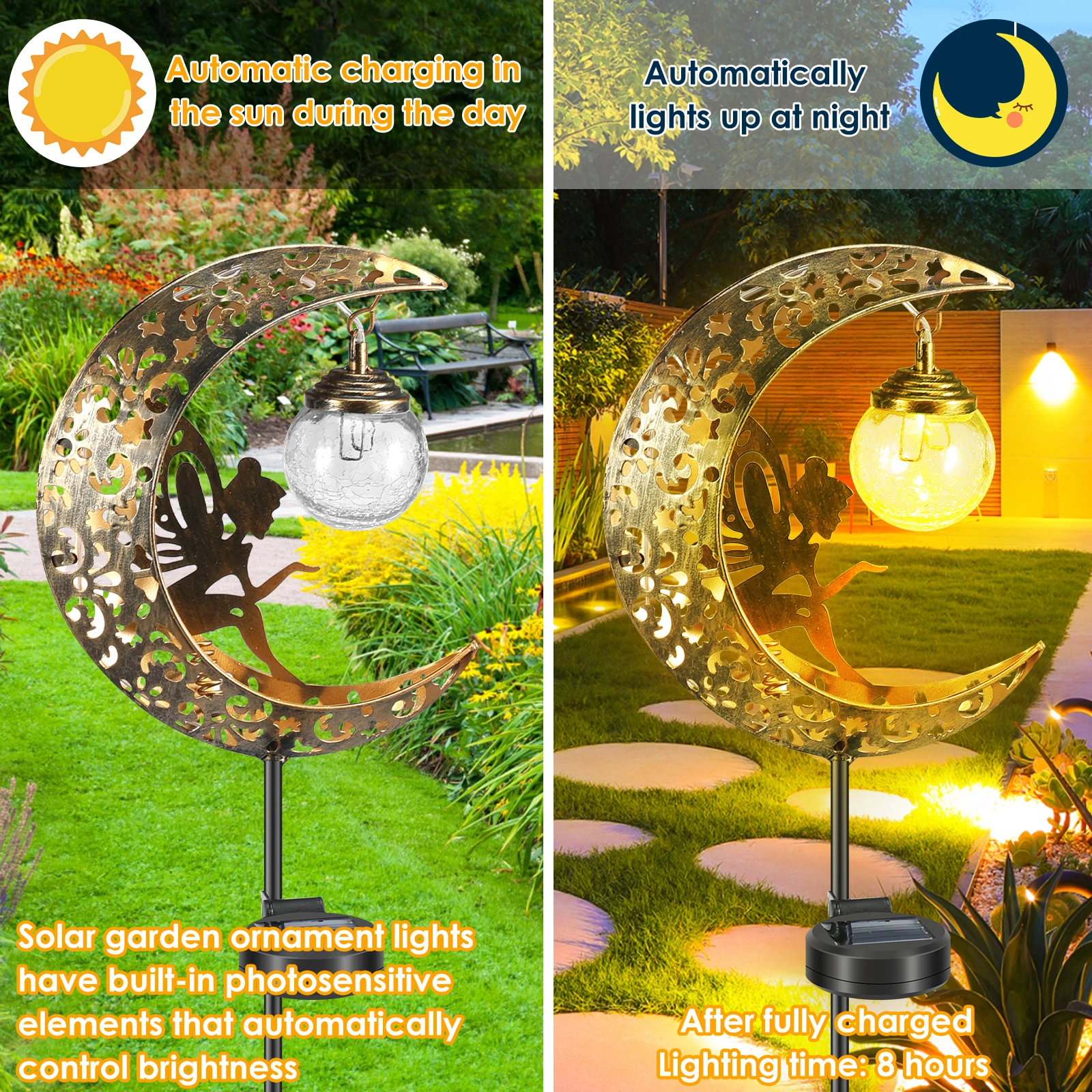 Imagem -03 - Impermeável Solar Garden Lights Decoração ao ar Livre Fada da Lua Crackle Glass Led Metal Stake Ornamento Decorative Pathway Lights