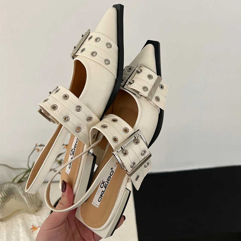 Sepatu datar wanita dengan sepatu 2025 desainer mewah gesper Fashion sepatu datar wanita Slingback ujung runcing sandal wanita kasual Mules