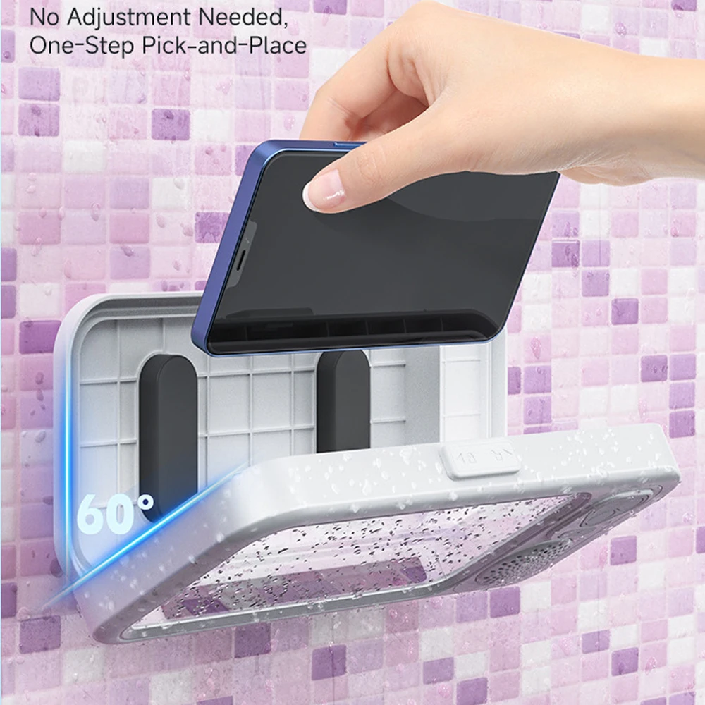 Waterproof Bathroom Phone Holder Bracket Wall Mount Drill-free Touchscreen Phone Case with bluetooth Speaker for Shower Use