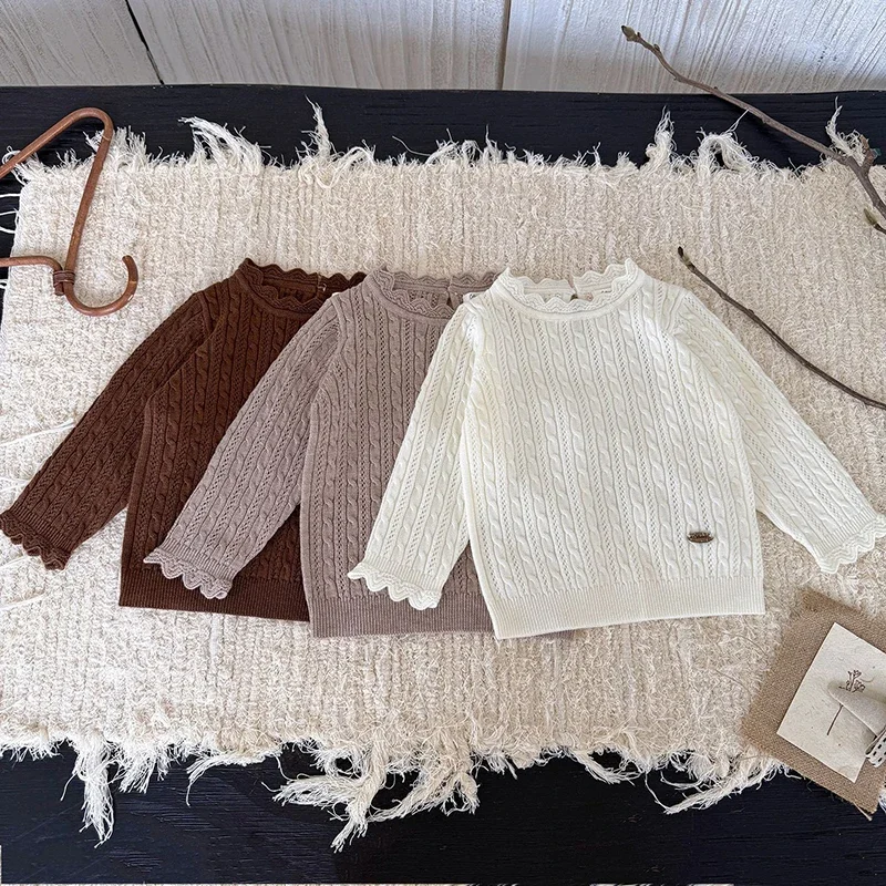 

2025 Childrens Pit Striped Sweater Girls Sweaters Autumn Girls Knitted Ruffled Collar Pullover Baby Cotton Round Neck Sweater