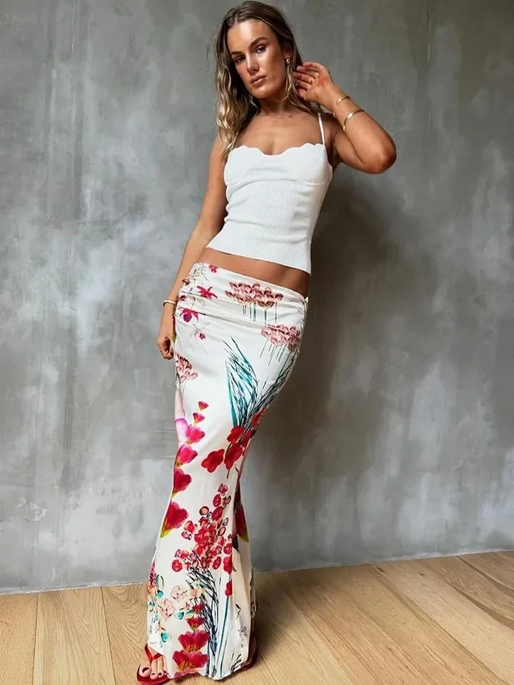 Colorful Print Skirts Women 2025 New Trend Ruched Peach Casual Simple Bottoms Summer Fashion Stretch Streetwear