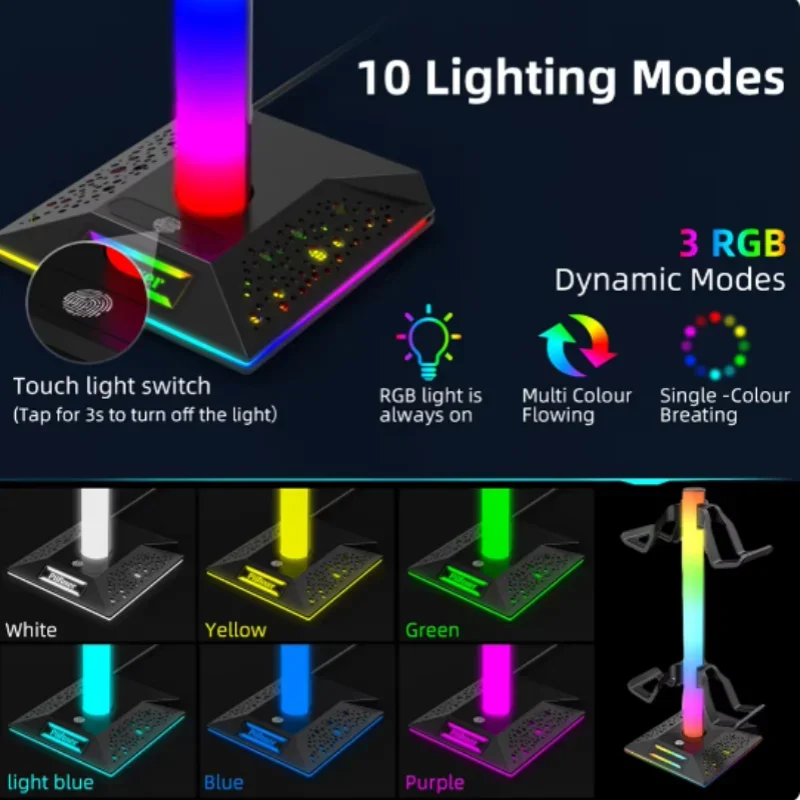 헤드폰 스탠드 RGB 분위기 조명 무선 충전기, 게임용 헤드셋 브래킷, 휴대폰 블루투스 이어폰 충전 독, 3 인 1