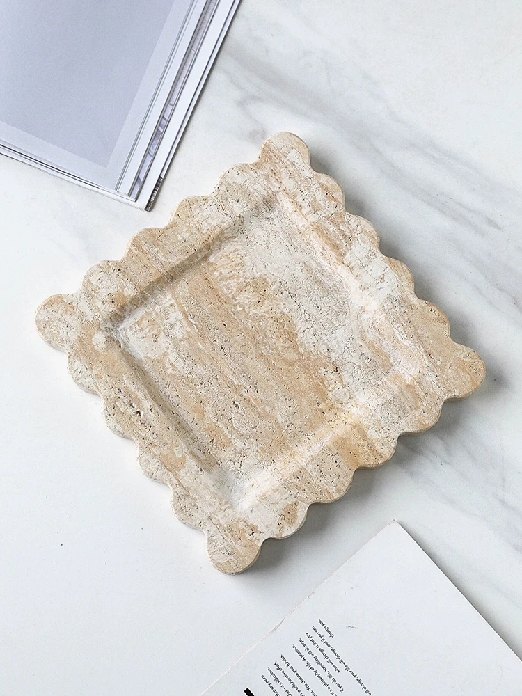 

Scalloped Travertine Catchall Tray Square Scallop Edge Natural Stone Tray Decorative Marble Jewelry Dish Tray Gift Candle Holder