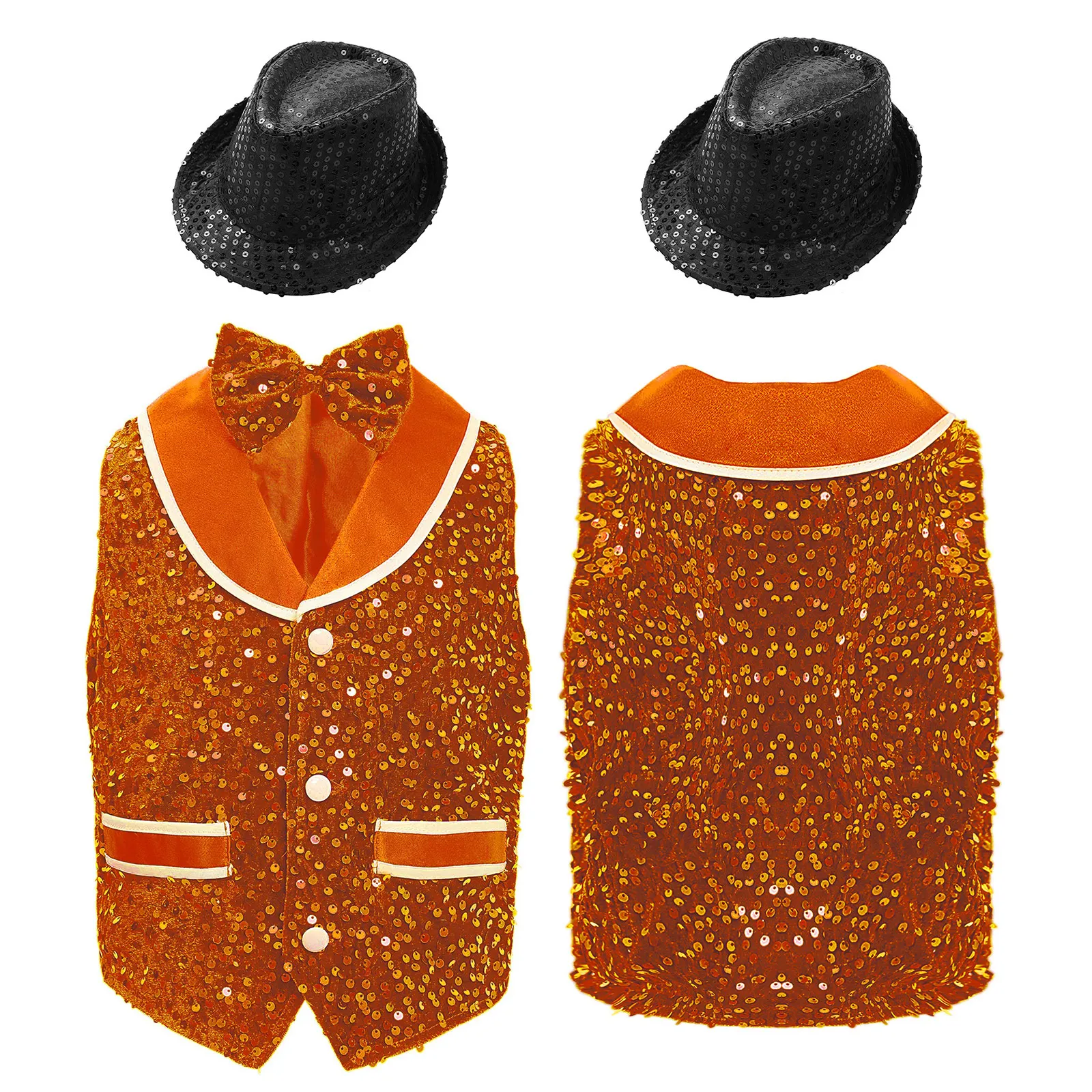 

Unisex Kids Jazz Dance Outfits Shiny Sequins Velvet Vest Buttons Hem Waistcoat Bow with Sequins Hat Ballroom Performance