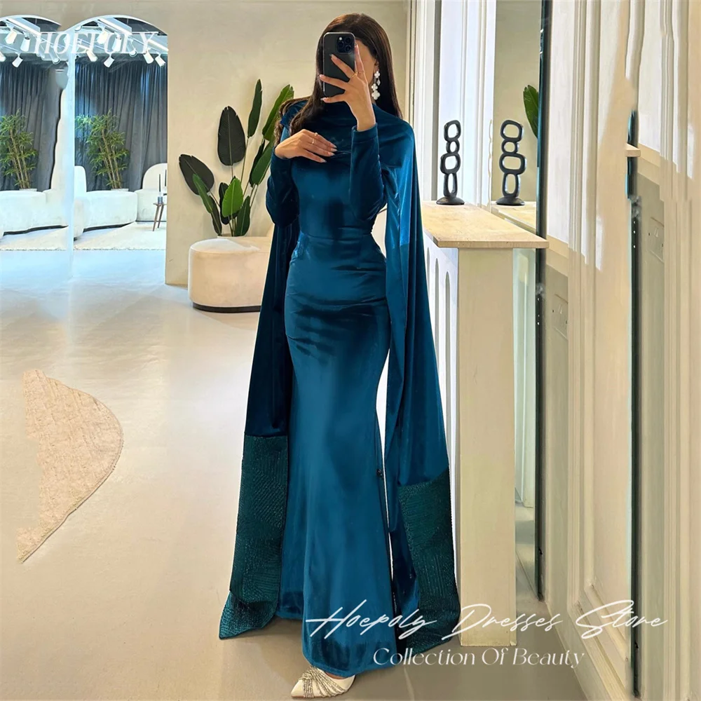 

Hoepoly Elegant High Neck Pleat Mermaid Evening Dress For Woman Summer Style Fashion Simple Classy Party Long Prom Gown New