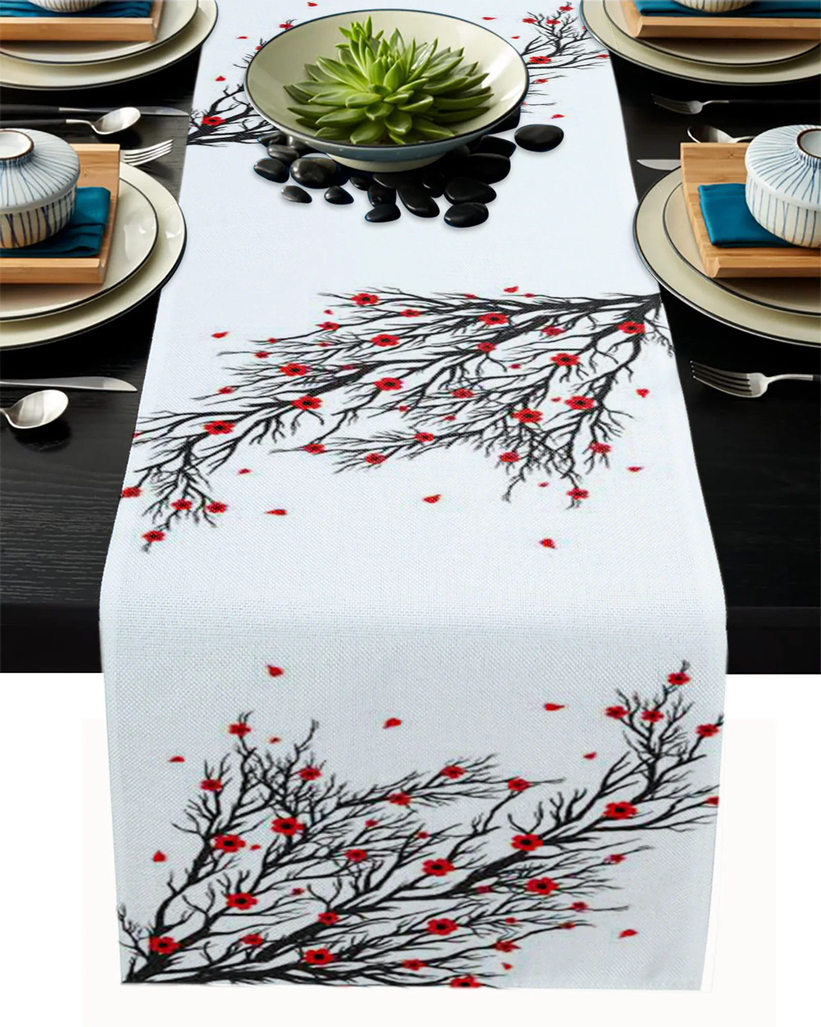 Black Branch Red Flower White Linen Table Runners Kitchen Table Decoration Dining Table Runner Wedding Party Supplies