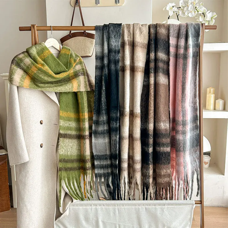 Plaid Printed Scarf Autumn/winter Warm Mohair Green Check Fringe Scarf Women's Shawl Cape Loose Version Fashion Scarf