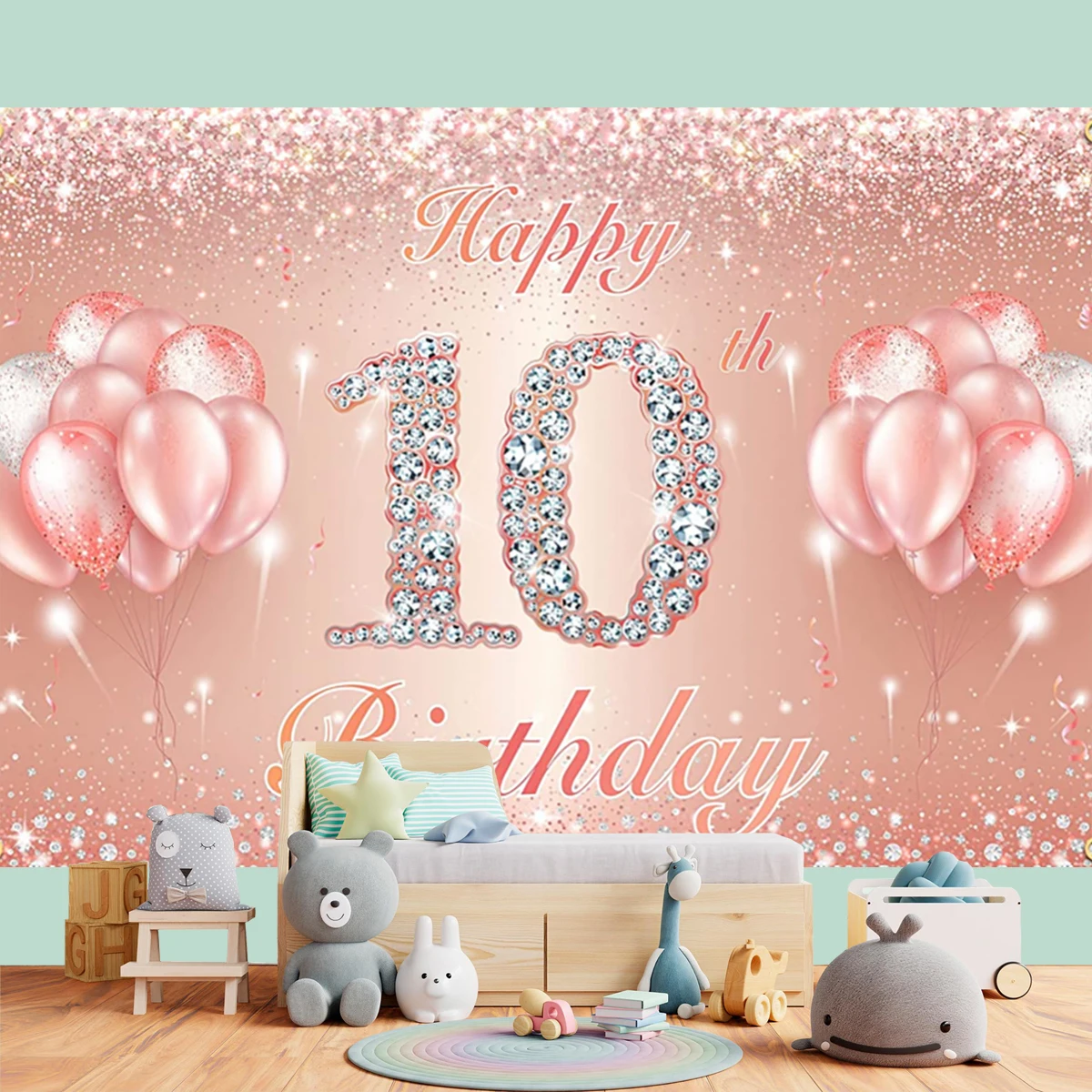 10 Years Old Happy Birthday Balloons Girls Party Celebration Decorations Diamond Banner Photography Anniversary Polyster 10x6ft