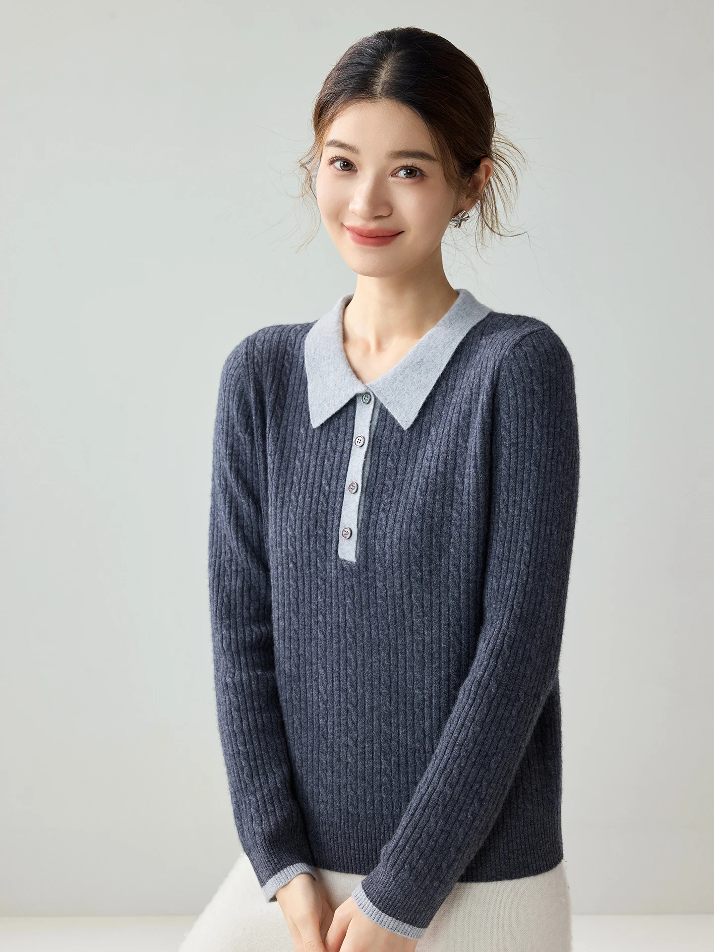 100% Cashmere Contrast Collar Polo Sweater Autumn Winter Woman  Mock-Neck Pullover Knitwear Cable Knit Long Sleeve Clothes Tops