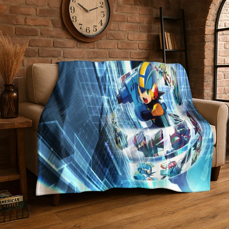 Retro Rockman Mega Man Game Cartoon Flannel Blanket Soft Warm Throw Blanket for Bedroom Living Room Bed Travel Camping Picnic