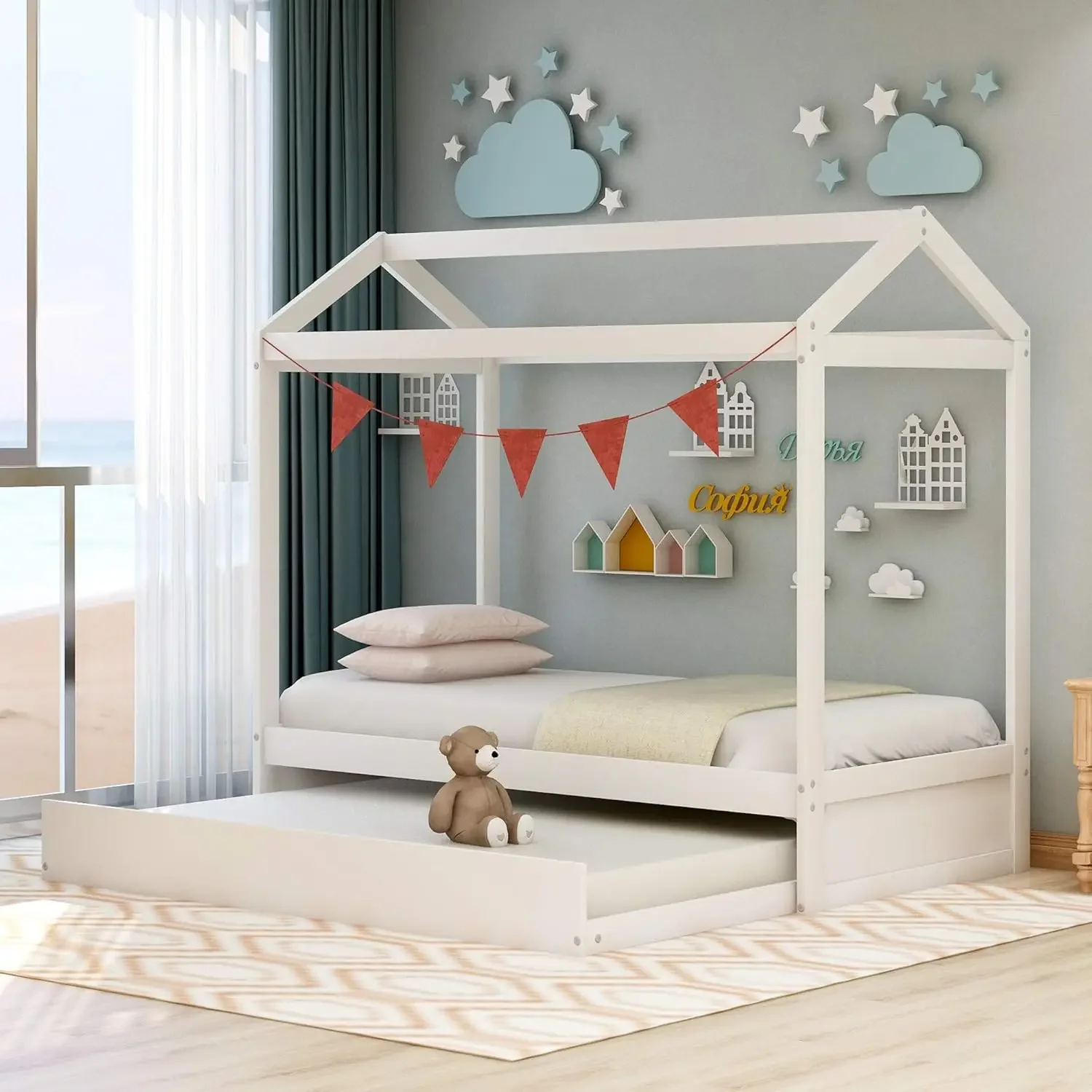 Cama de casa de tamanho duplo com rodízio para crianças e bebês, meninas e meninos, pode ser decorada, estrutura de madeira, branca