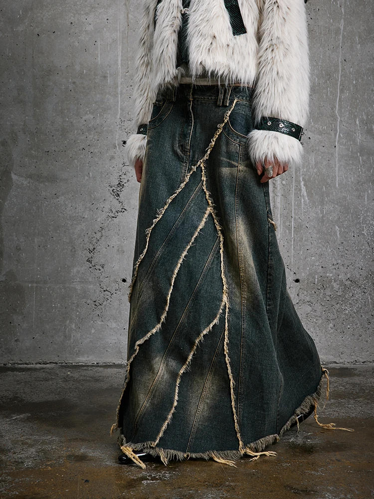 Be All Kabuto Vintage Washed Heavy Duty Denim  Skirt with Frayed Hem A-Line Silhouette for Women Street Style Casual Wear