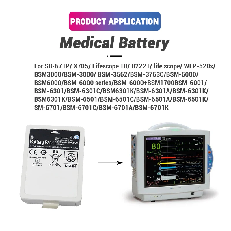 Ni-MH SB-671P X705 9.6V 2900mAh Rechargeable V.ital S.igns Monitor Med.ical Batteries for Life Scope BSM-6000 BSM-6701A