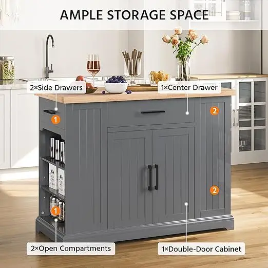 Dark gray kitchen island cabinet household double drawer double door storage island cabinet hotel restaurant food delivery troll