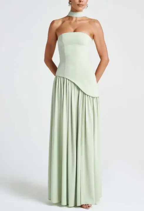 فستان نسائي طويل مثير بدون حمالات الخصر مقطوع بدون ظهر فستان بفتحة للنساء أنيق ومثير ومزاج على شكل حرف a فستان بشق مطوي #2