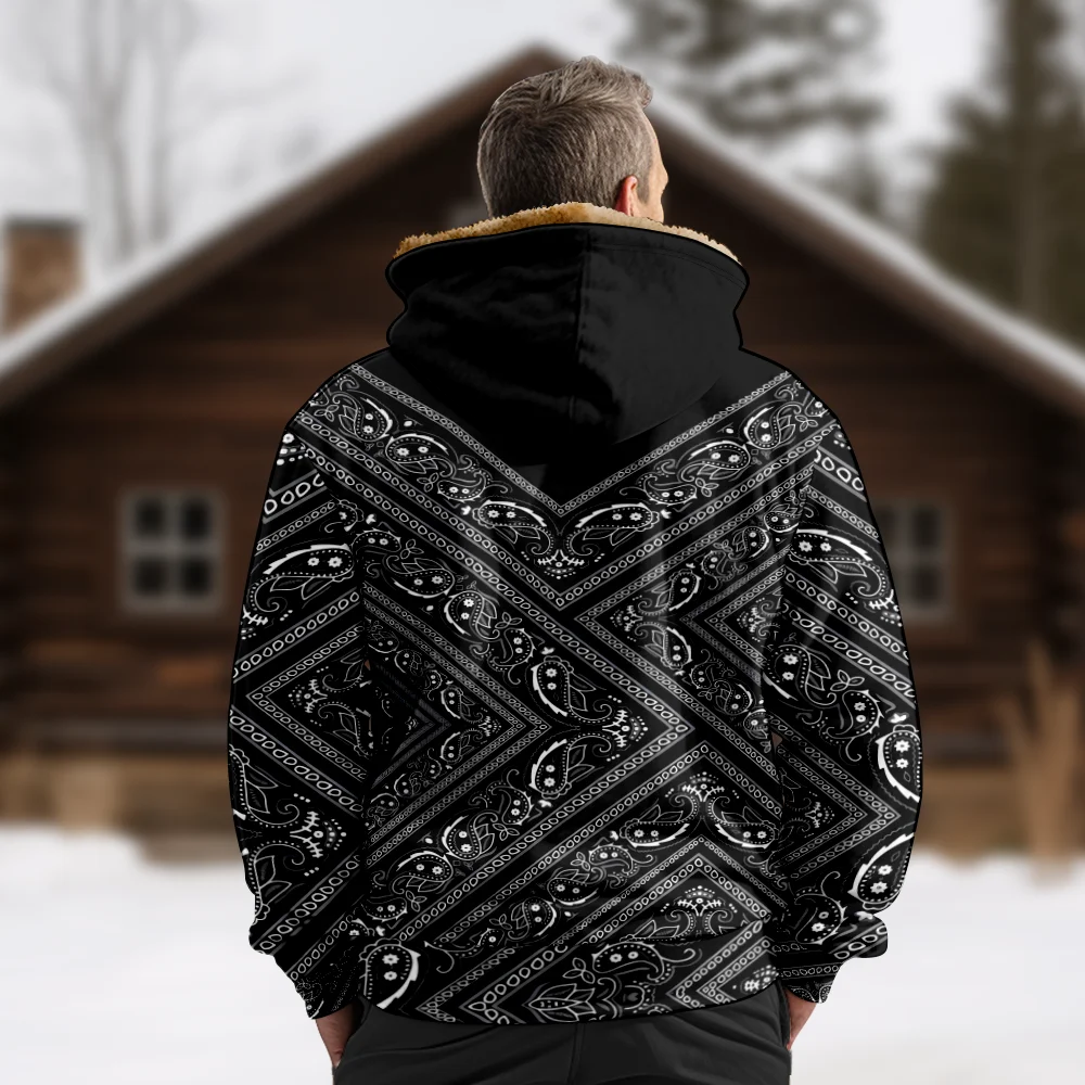 Men's Winter Jackets Coats,Fashion Vintage Black Geometric Streetwear Pattern Cotton Clothes Overcoat Youthful Vitality