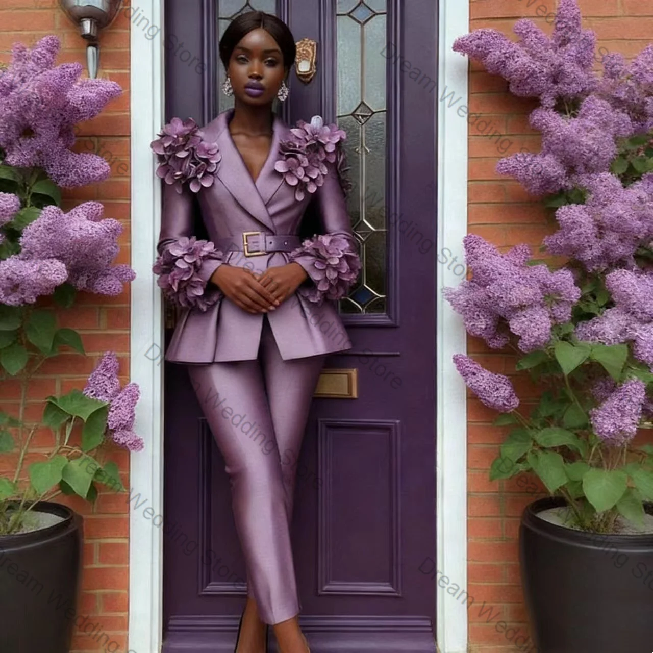 

Purple Women Suit Set 2 Pcs Blazer+Pants Trousers 3D Flower Spring Formal Office Lady Jacket Customized Wedding Guest Coat