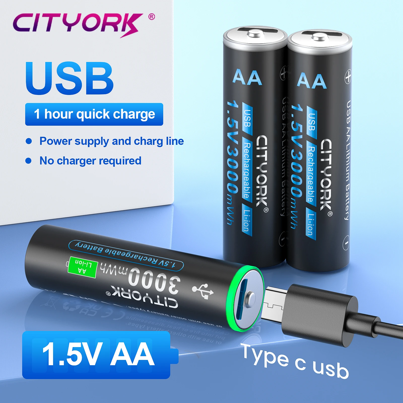 100% Pojemność 1,5 V AA Bateria litowo-jonowa 3000 mWh AA USB Akumulator litowy AA Baterie litowo-polimerowe AA z kablem USB