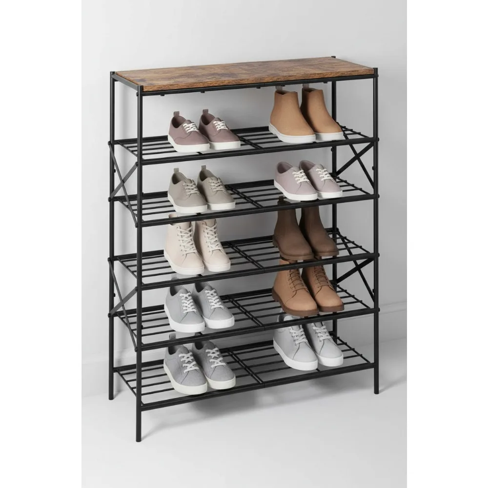 

6-уровневая металлическая полка для обуви, большая вместимость для хранения вещей на 24 пары, коричневый и черный органайзер в деревенском стиле для прихожей, шкафа в прихожей