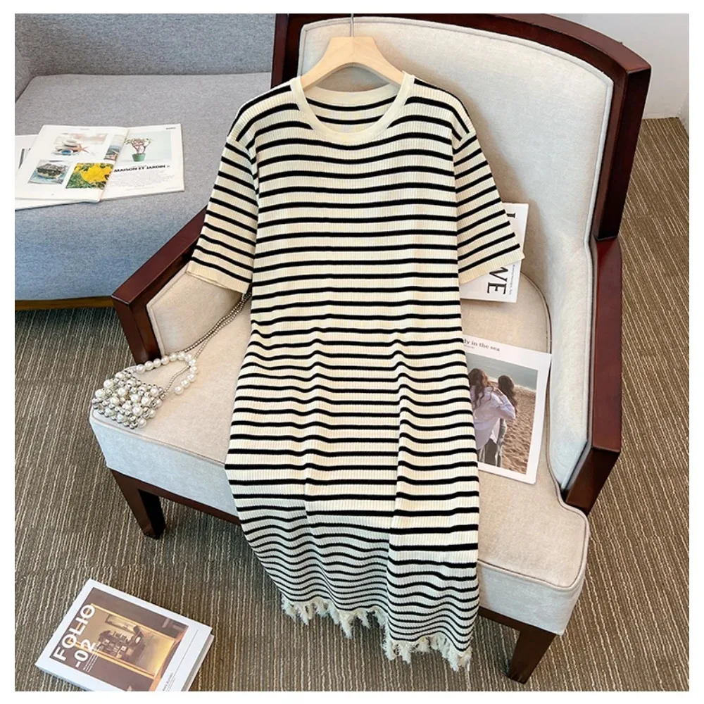 

Женские полосатые свободные винтажные элегантные тонкие платья с кисточками и круглым вырезом, французская мода, вечерняя уличная одежда больших размеров