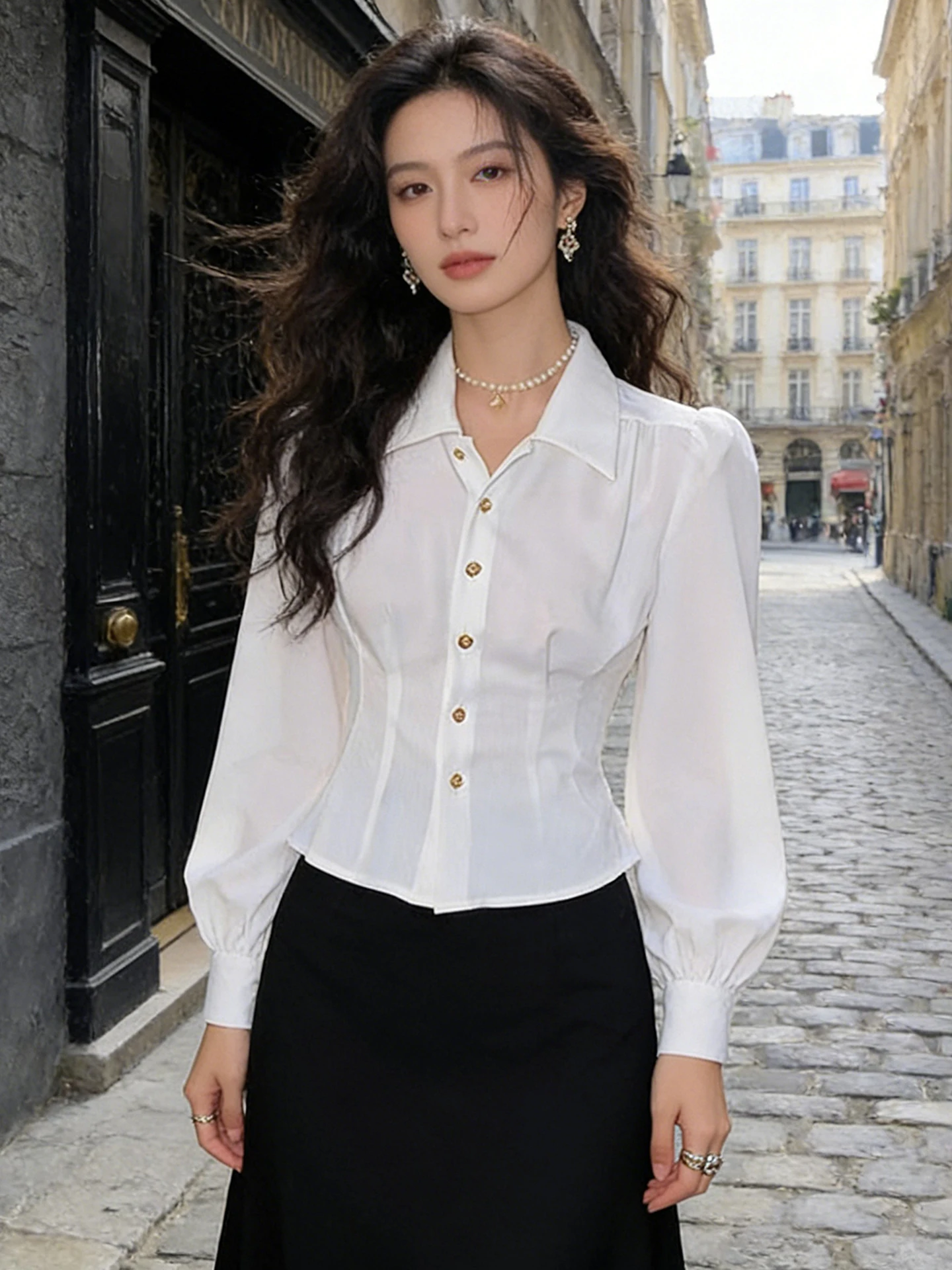 Elegant White Bubble Sleeve Shirt Women's Slim Fit Short Style Waist Cinching Slimming Small Stature Good Taste Top