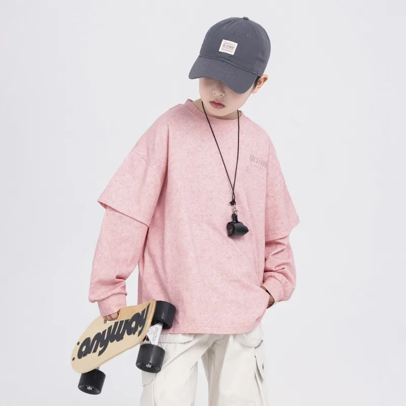 

Boys T-Shirt 2025 Autumn Korean Fashion Style Fake Two Piece Long Sleeve Kids Clothing Cool Stylish Oversized Top