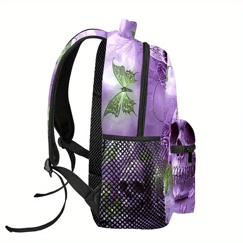 Custom Bag Gothic Purple Skull & Butterfly Backpack - Stylish Print Design For Men & Women, Adjustable Straps, Lightweight Polye