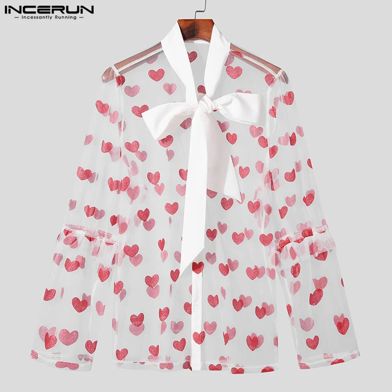 INCERUN Men\'s Shirt Printing Mesh Patchwork Lace Up Long Sleeve Men Clothing Transparent Streetwear Sexy 2024 Fashion Camisas