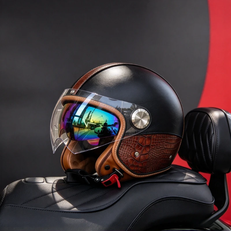 Urban Black Brown crocodile Leather 3/4 Open Face Motorcycle Helmet Dual Visor Split Look High-density ABS Shell
