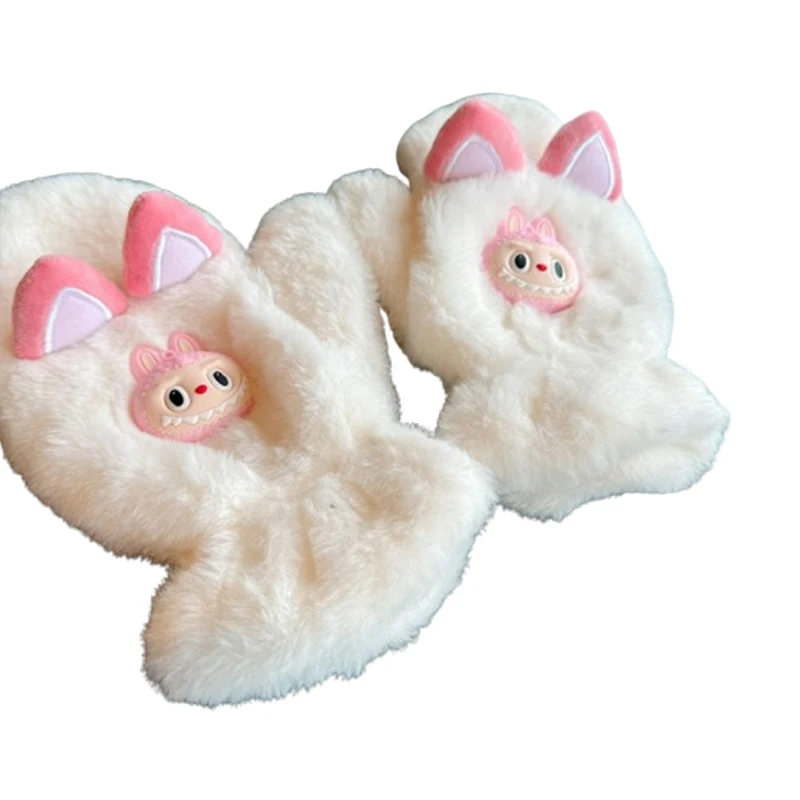 MINISO Labubu cute rabbit ears girls finger gloves winter warm padded and thickened winter cold-resistant gloves