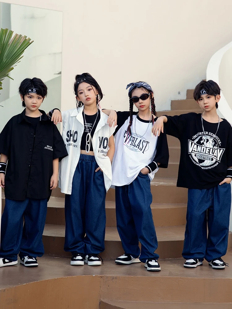 Kids Street Dance Clothes Hip Hop Boys Costume Girls Jazz Dance Performance Clothing Summer T Shirt Loose Denim Pants BL12327