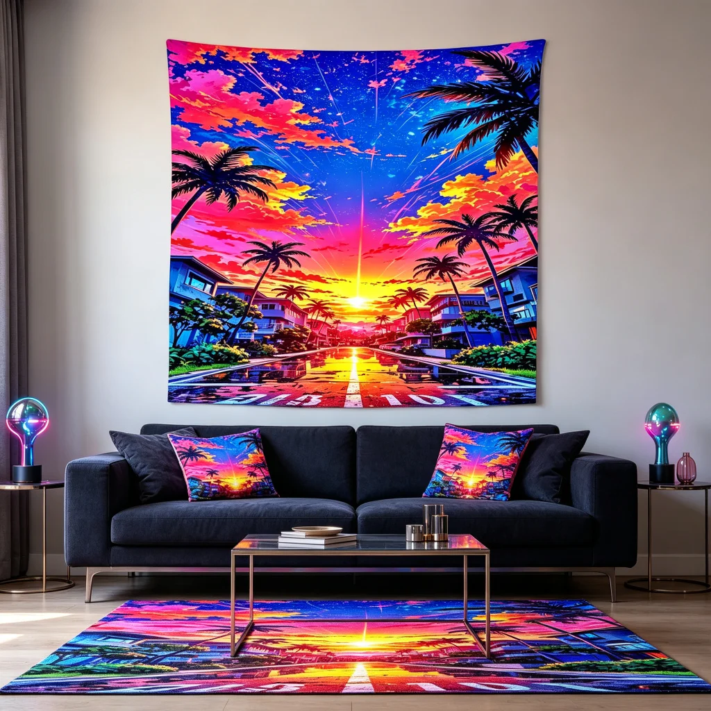 1PC Cyberpunk City Palm Art Print Backdrop Banner, Bedroom Living Room Photo Background, Polyester, Home Decor, Wall Art