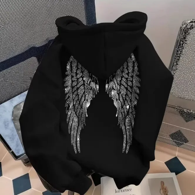 New casual, loose, trendy, minimalist design, wing printed top, unisex hooded sweatshirt